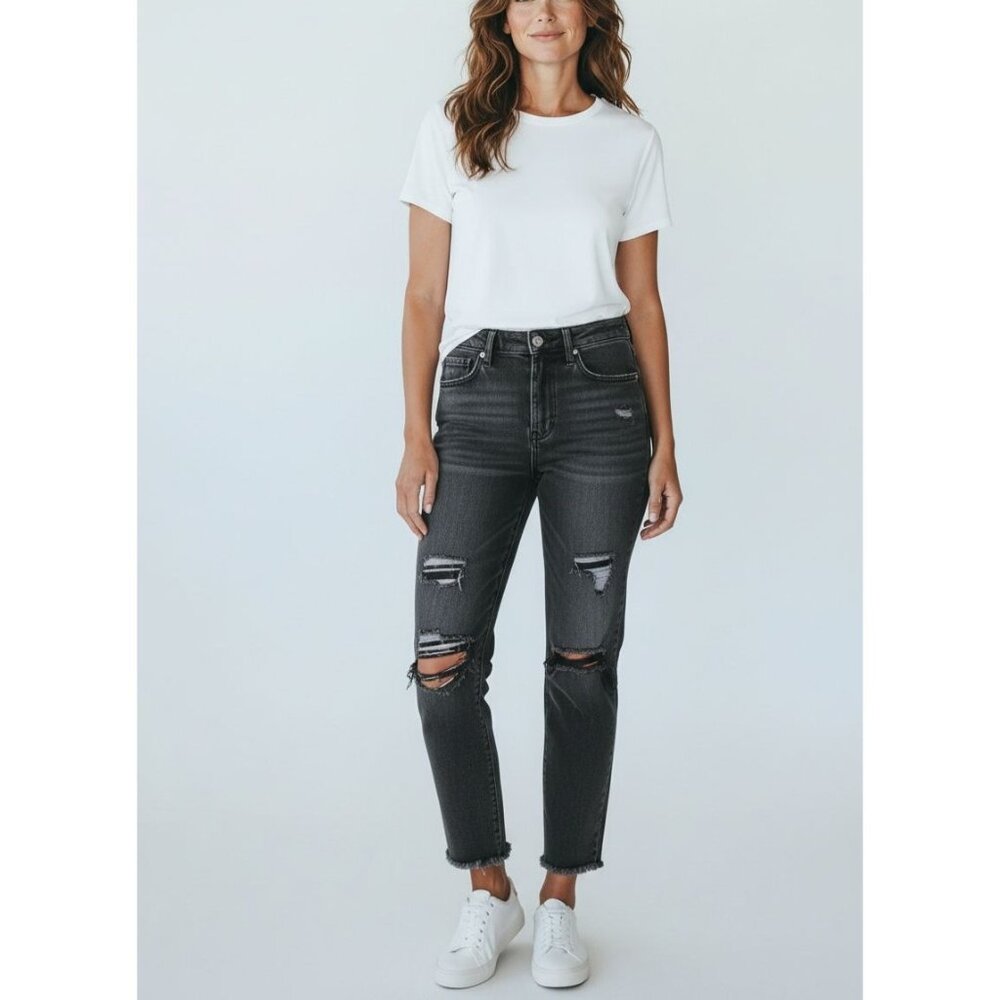 PacSun Womens Distressed Black Mom Jeans Size 23 - 100% Cotton High-Waisted Ripp